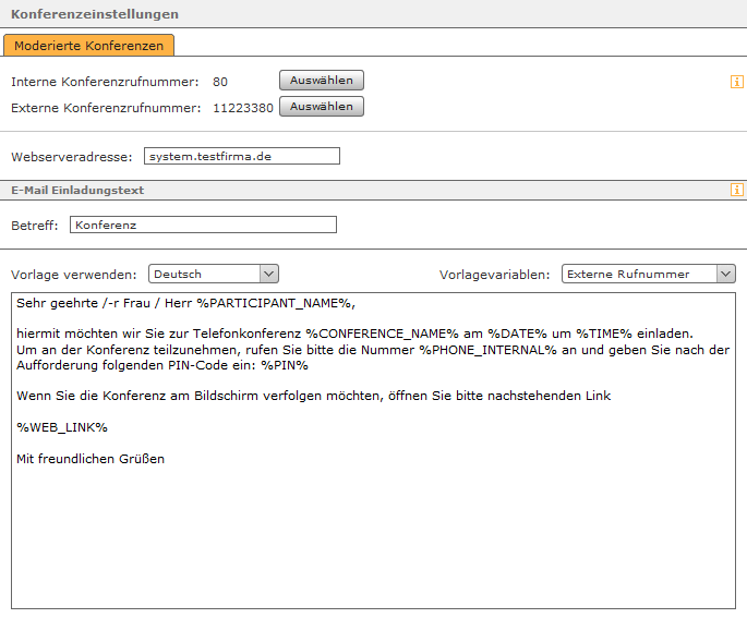 Archiv > Moderierte Konferenz auf der STARFACE konfigurieren > A-051.png (Beispiel für eine Konferenzkonfiguration) Beispiel für eine Konferenzkonfiguration