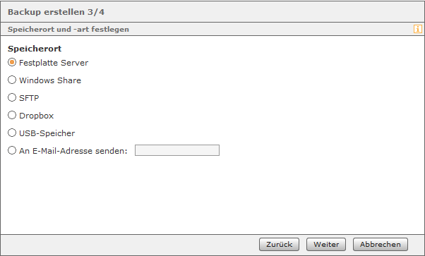 Auswahl des Speicherortes für das Backup