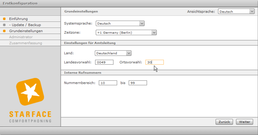 Grundeinstellungen der Erstkonfiguration