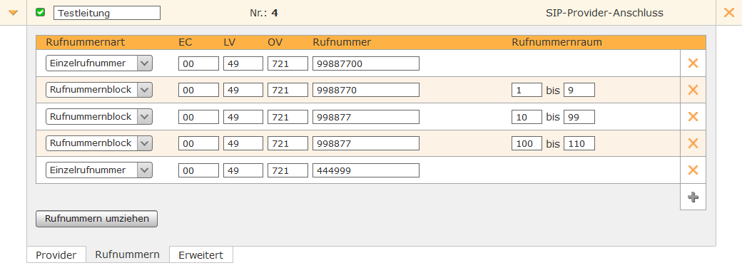 Beispiel für eine Rufnummernkonfiguration