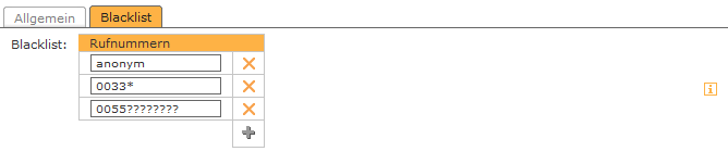 STARFACE WIKI (Deutsch) > Modul "Blacklist für PBX" konfigurieren > A-171.png (Beispiel für die Konfiguration der Blacklist) Beispiel für die Konfiguration der Blacklist